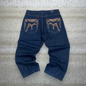 Vintage Skater Wide Leg Jeans Refuse Dark Wash Baggy Denim Rap Style Art Y2K